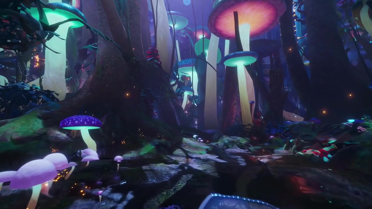 Foresta fantastica surreale con funghi luminosi e vibranti