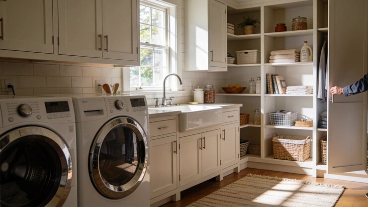 Entering person in dark top pulling cabinet near washer in laundry getting detergent, copy space