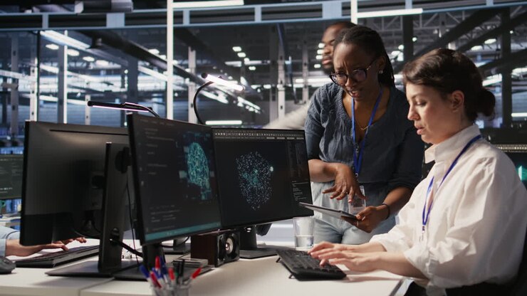 Vertical video Cheerful data center engineers doing fist bump after completing AI deployment