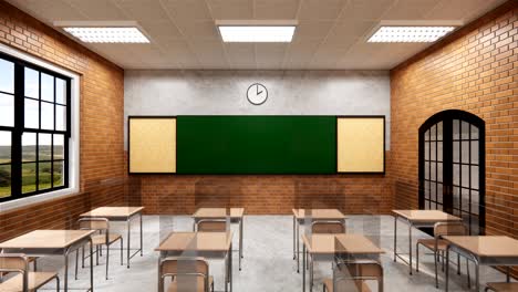 new normal classroom and spacing of tables and chairs to prevent the spread of coronavirus (covid-19). iempty classroom for teach and learn. 3d rendering interior.