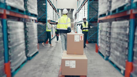 Boxes,-trolley-and-warehouse-person-walking