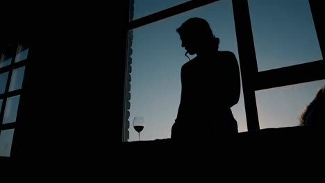 Silhouette-Eines-Mädchens,-Das-Weinglas-Vor-Dem-Abendhimmel-Betrachtet