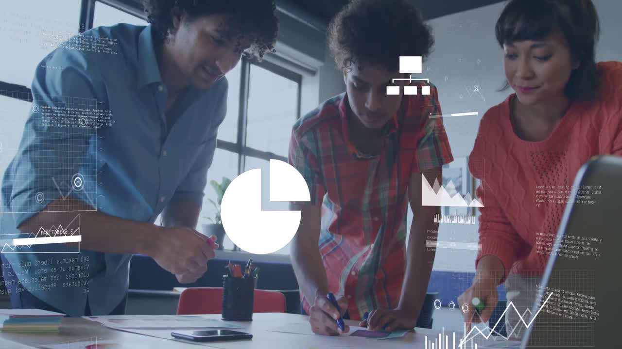 Animation of data processing over diverse business people in office