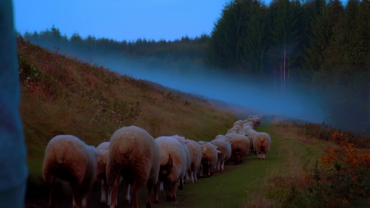Flock of Sheep Walking on a Grassy Path in a Forest with Fog