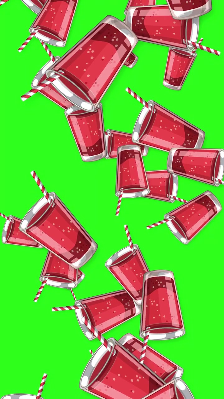 Bicchieri di soda rossi a cartone animato con cannucce a strisce cadono continuamente su uno sfondo a schermo verde brillante.