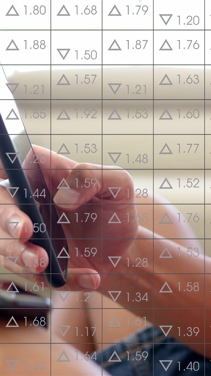Vertical video: Man tapping phone, tilting device, thumb initiating numeric grid, analyzing finance