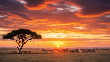 african savanna sunset with lions and zebras