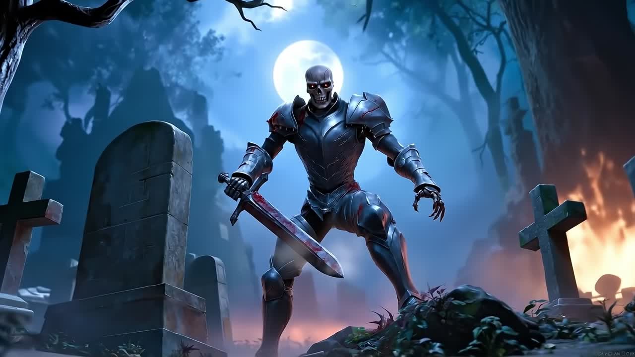A skeleton holding a sword standing in front of a graveyard