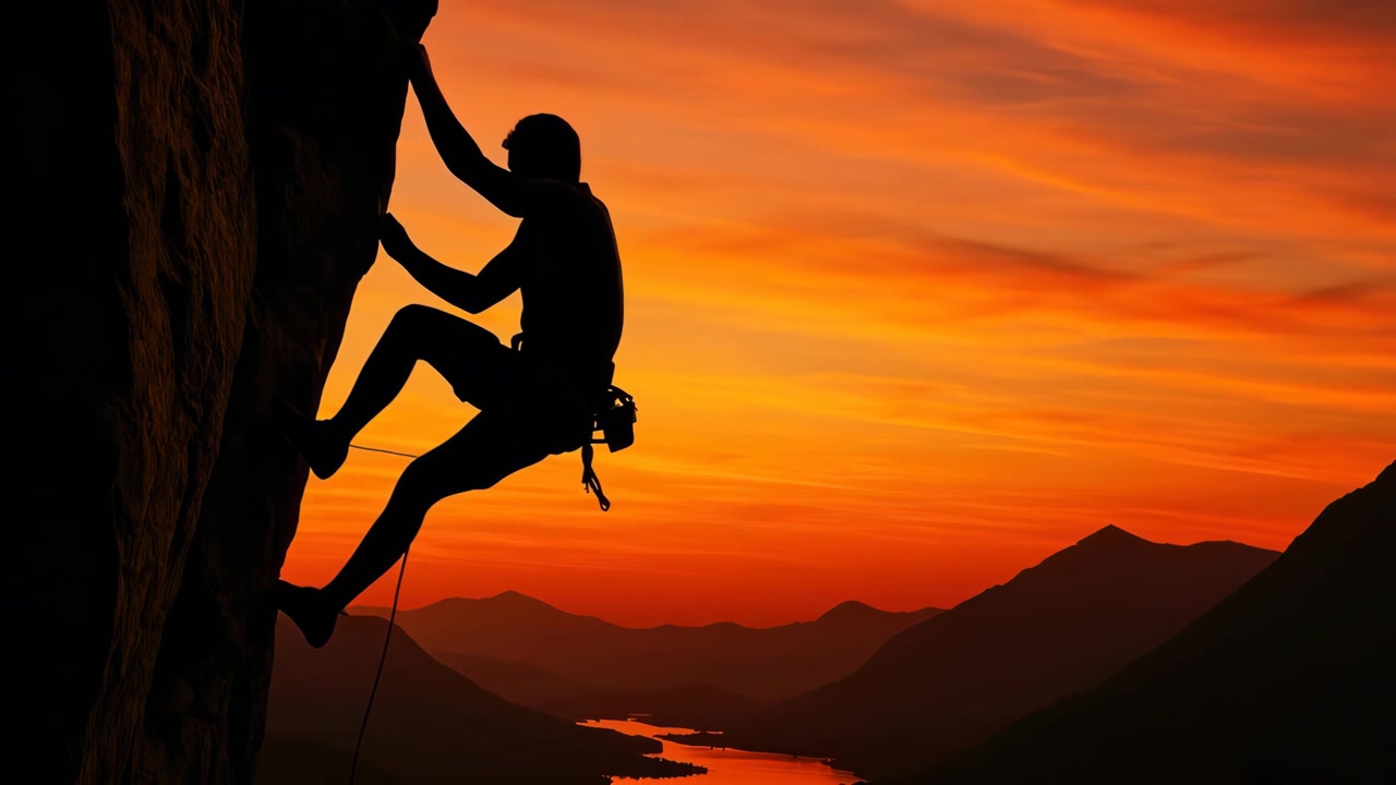 Silhouette of Rock Climber Ascending a Cliff at Sunset