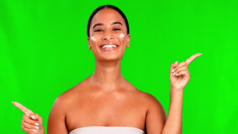 cara, pantalla verde y mujer con crema