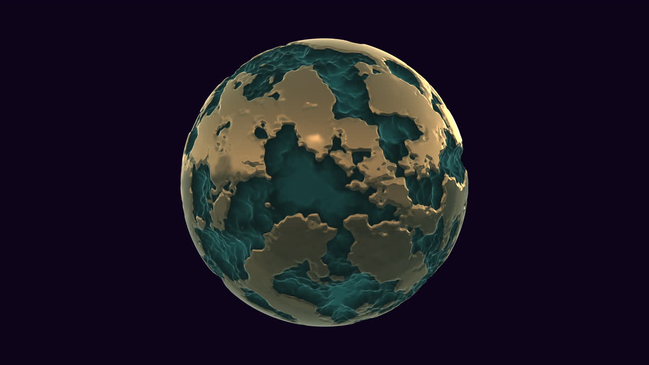 A 3D model of a planet with blue and green, rocky surfaces, featuring craters and mountains. The planet seems to rotate, with poles at the top and bottom