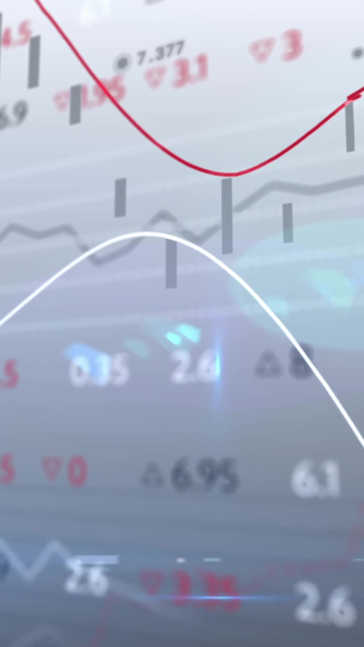Animation of stock market data processing against spots of light on grey background