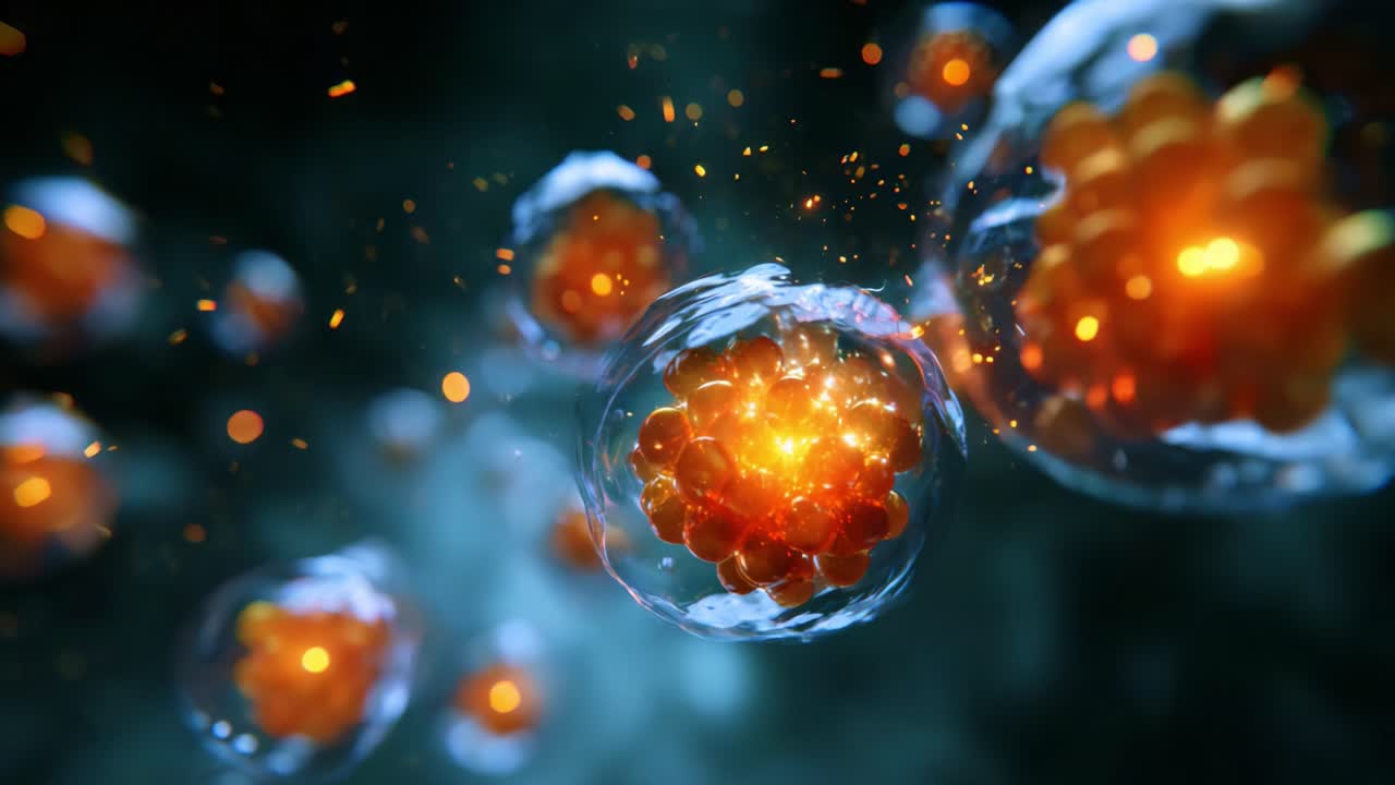 Microscopic Visualization of Vibrant, Luminous Cells with Orange Structures Intertwining Against a Mysterious Dark Background in an Abstract Biological Scene