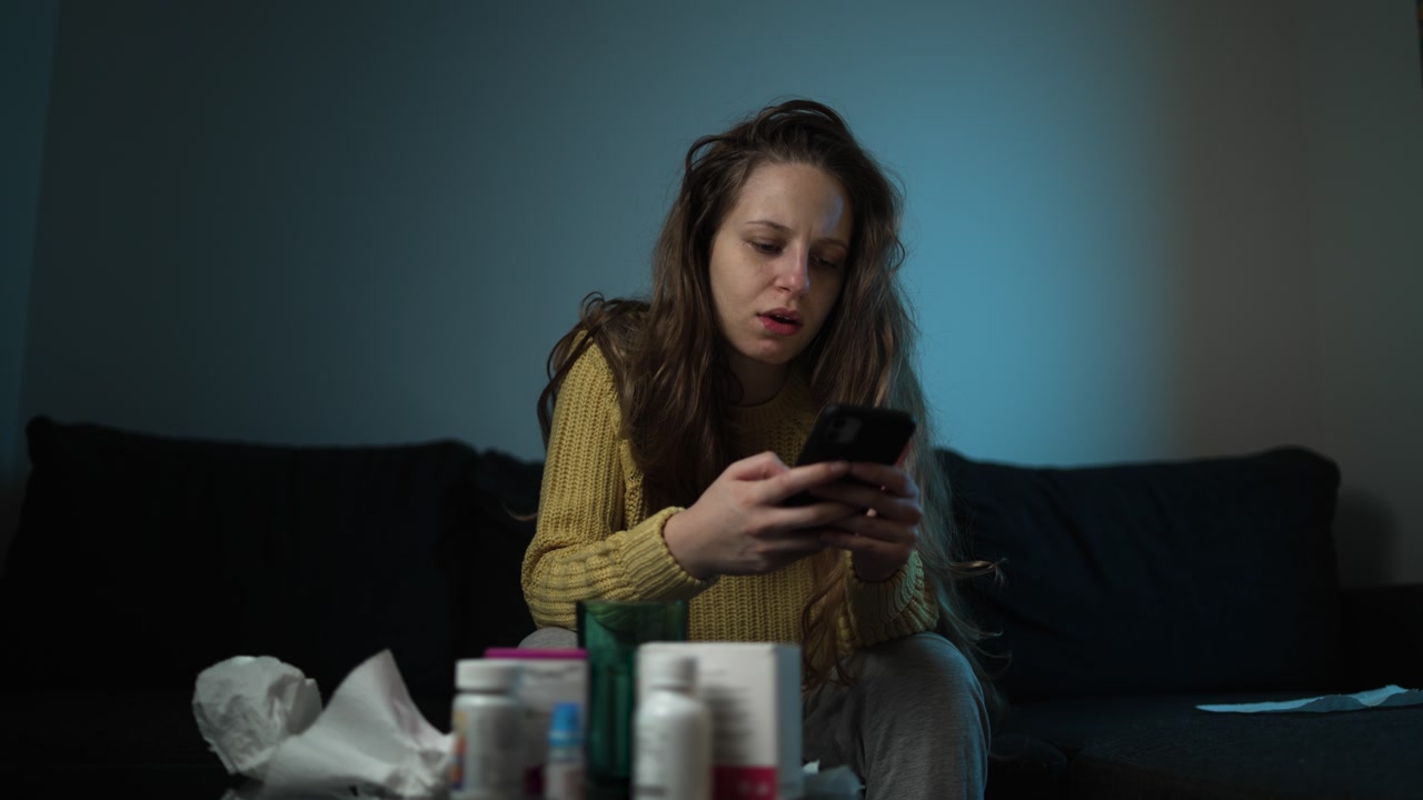 Woman using smartphone with artificial intelligence medical app while feeling sick. Concept of AI healthcare, digital diagnosis, and flu treatment.
