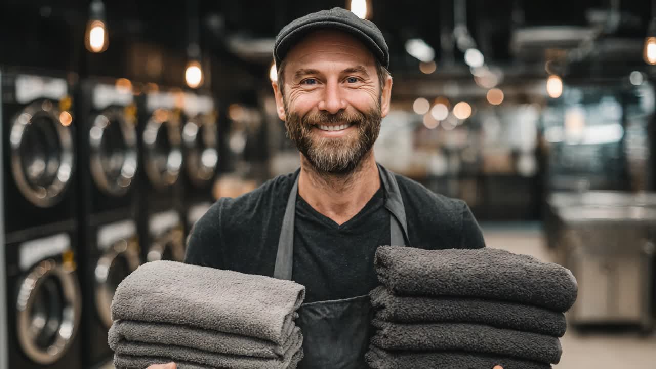 A Smiling Man in an Apron Holds Freshly Folded Towels in a Modern Laundry Facility, Radiating Positivity and Cleanliness in a Welcoming Atmosphere