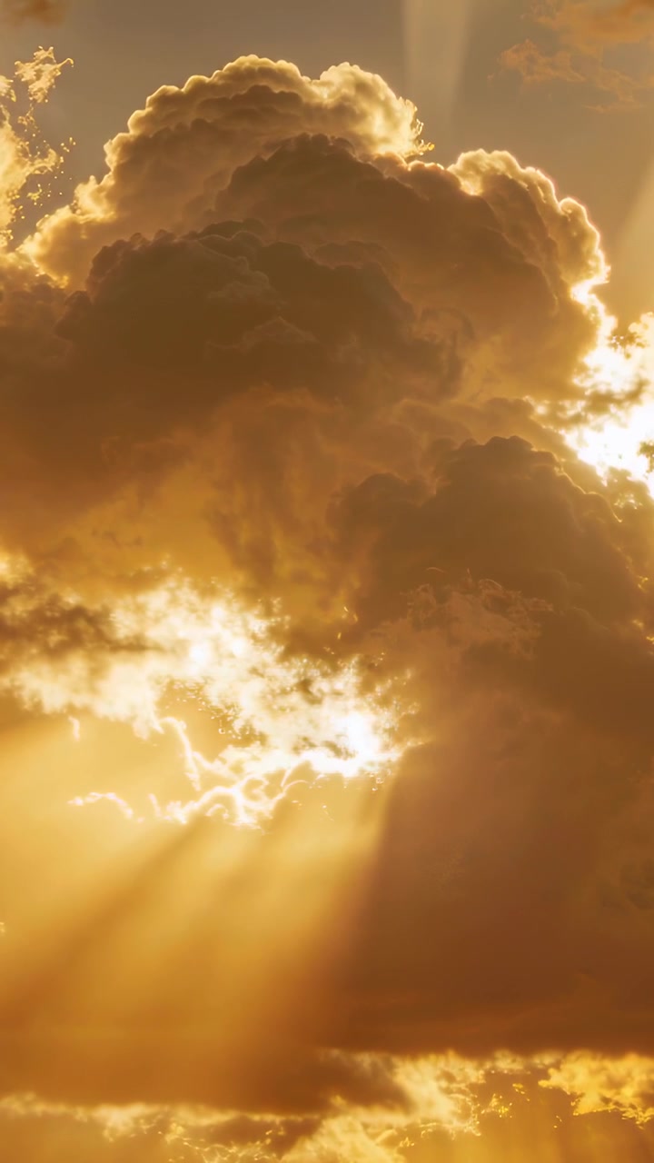 Vertical video: Shifting large cumulus cloud revealing sunbeams at sunset, sun moving behind gap