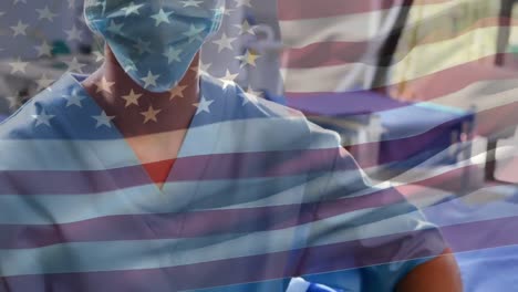 Animation-Der-Flagge-Der-Vereinigten-Staaten-Von-Amerika,-Die-über-Chirurgen-Im-Operationssaal-Weht