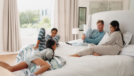 running, happy and morning with family in bedroom