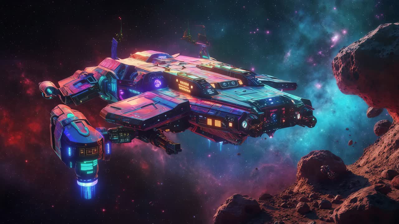 una nave espacial futurista en una galaxia colorida