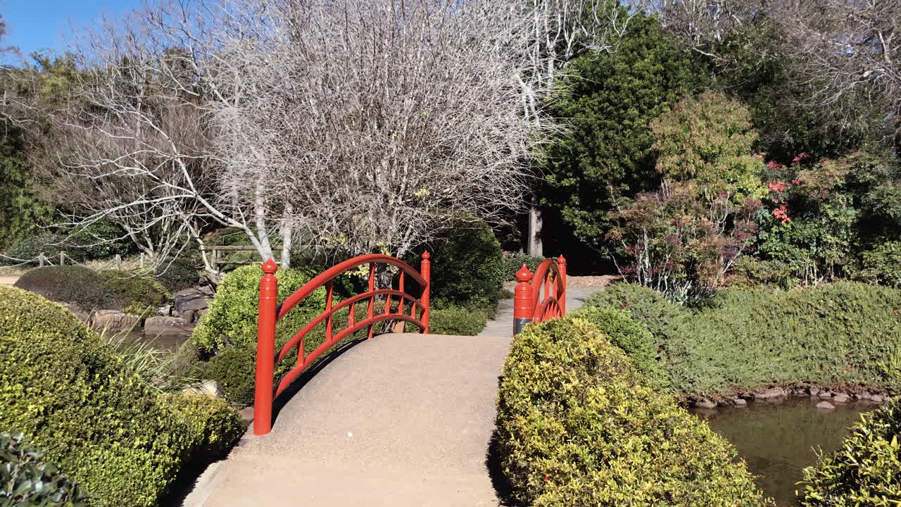 빨간 다리에서 연못까지 오른쪽으로 팬, ju raku en japanese garden, toowoomba, australia