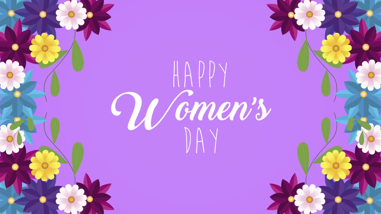 happy womens day lettering card with flowers around frame