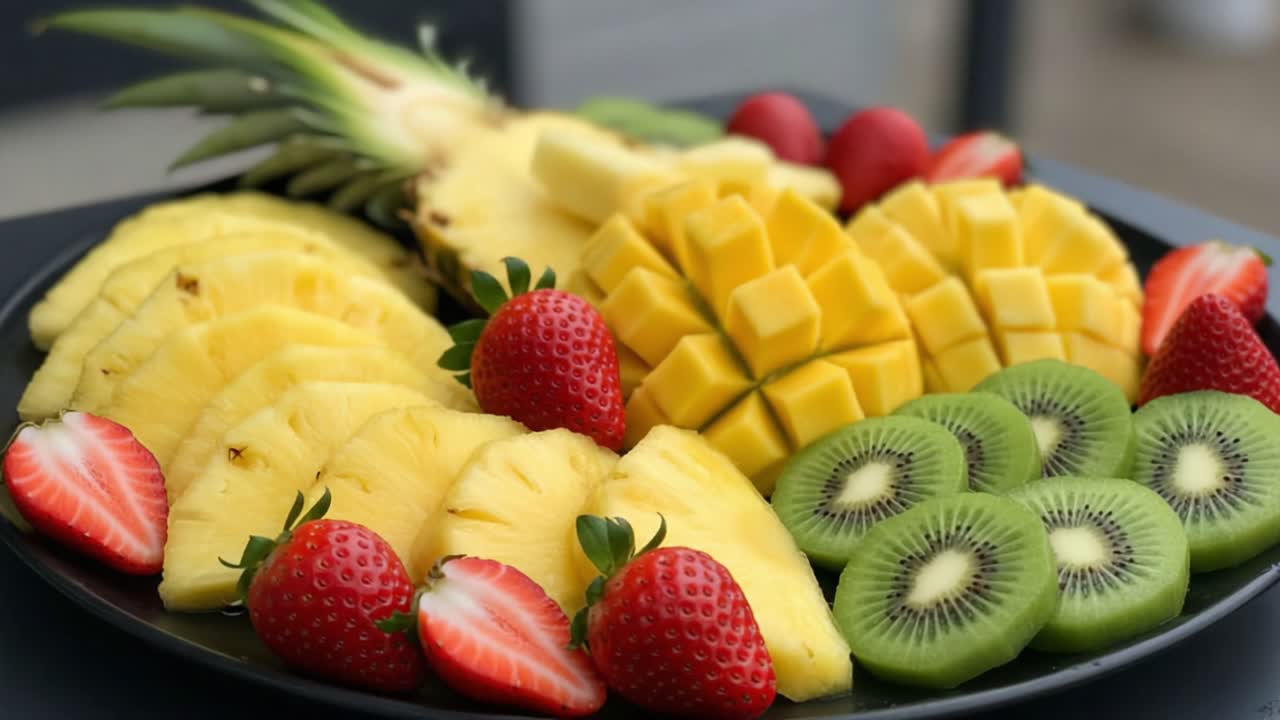 A Colorful Spread of Fresh Fruits Featuring Pineapple, Mango, Strawberries, and Kiwi in a Vibrant Presentation on a Platter, Perfect for a Healthy Snack or Dessert