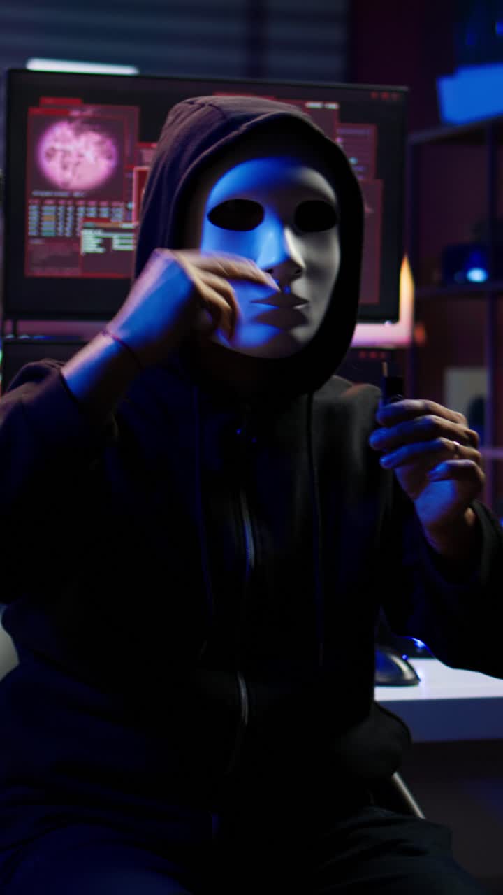Membro di un gruppo di hacker che realizza video verticali indossando una maschera anonima e minacciando il governo