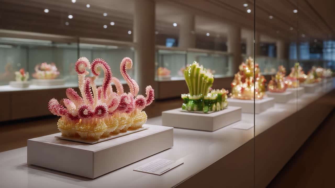 Intricate Artistry of Sugary Sculptures: A Captivating Display of Colorful Confections that Showcase Imagination and Craftsmanship in a Modern Gallery Setting