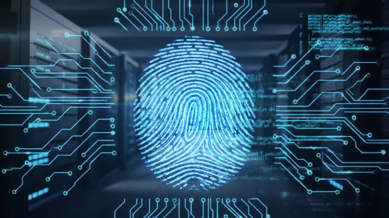 Advanced digital fingerprint technology is showcased in a modern data center, highlighting its role in ensuring security through biometric access control.
