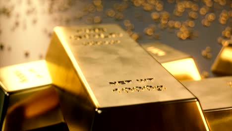 fine gold bars 1000 grams on the floor with scattered pieces of gold. concept of wealth. 4k 3d animation