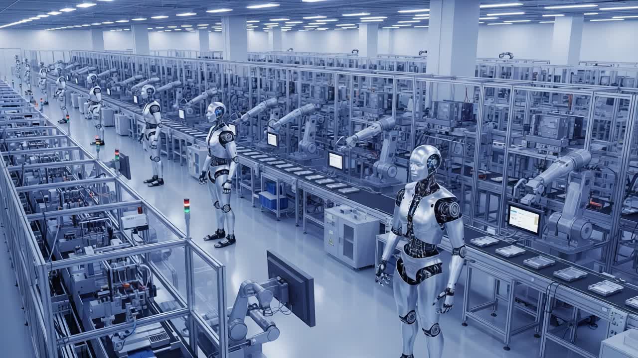 A Futuristic Automated Manufacturing Facility Filled with Advanced Robots and Sophisticated Machinery Operating in Harmony within a High-Tech Environment