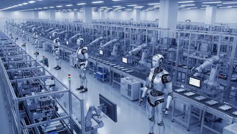 a futuristic automated manufacturing facility filled with advanced robots and sophisticated machinery operating in harmony within a high-tech environment