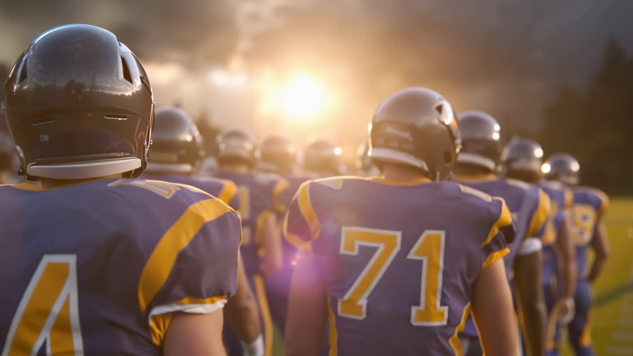 Un gruppo di giocatori di calcio in uniforme blu cammina insieme verso il tramonto, mostrando lavoro di squadra e determinazione contro uno sfondo di cielo drammatico.