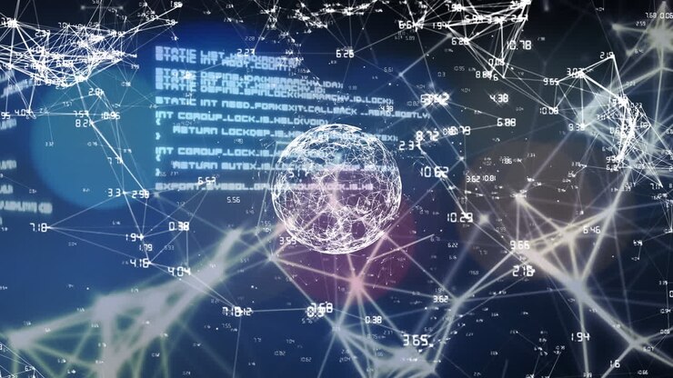 Animation of globe with data processing over black background