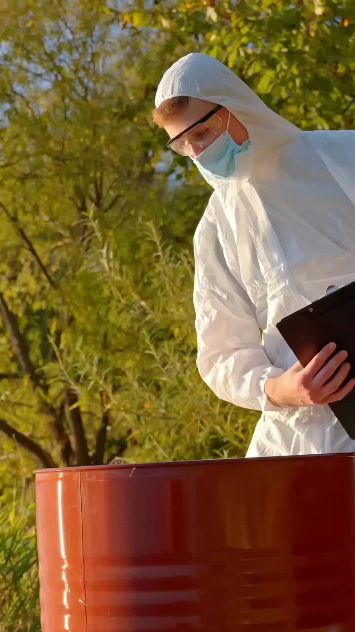 Scientist tests water quality outdoors for pollution and environment safety, vertical