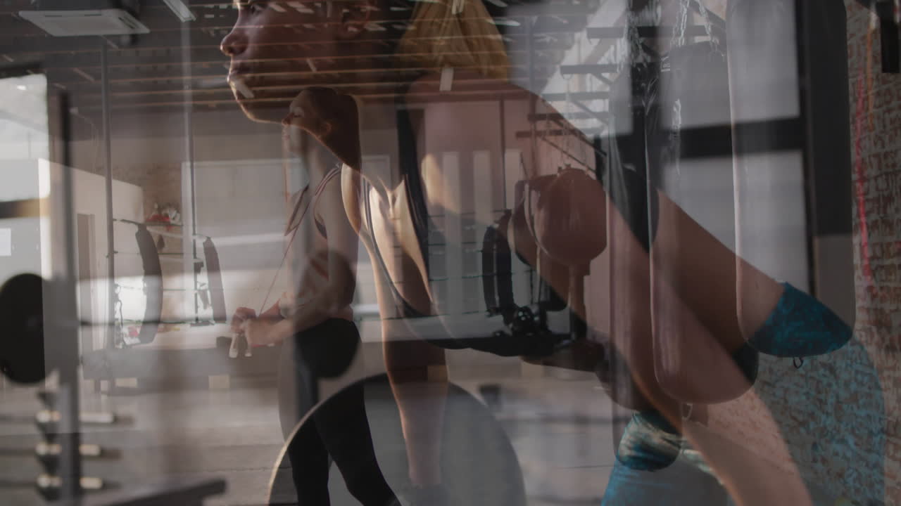 Exercising in gym, women using animation of fitness equipment and reflections