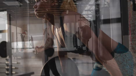 exercising in gym, women using animation of fitness equipment and reflections