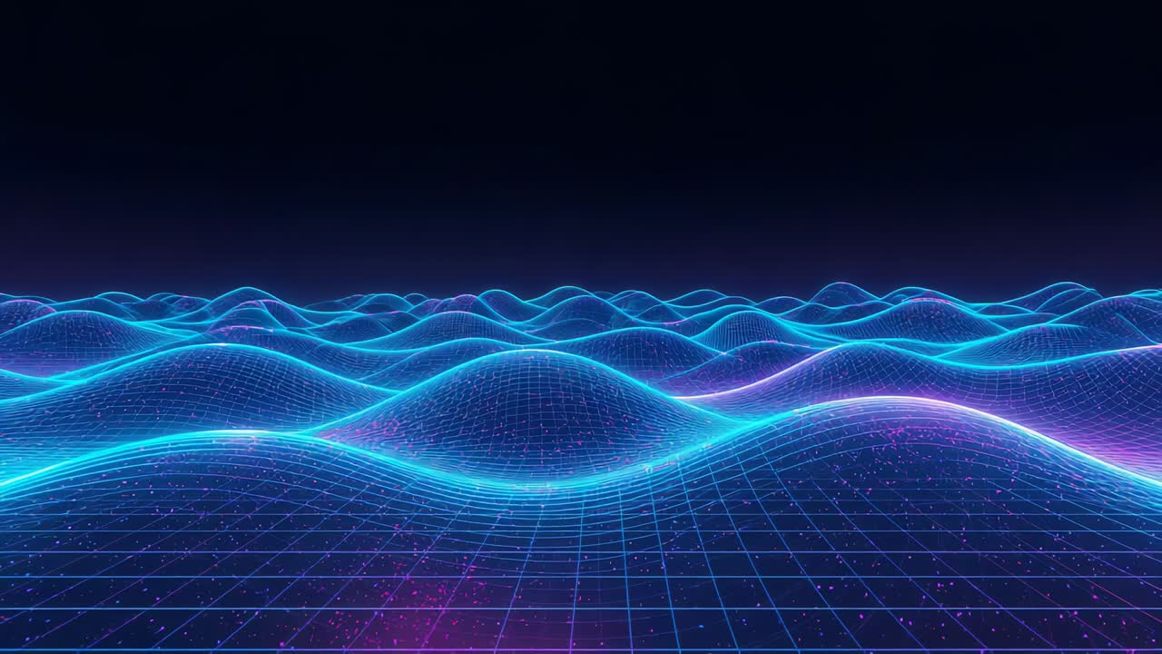Loop starting, neon wireframe surface undulating toward virtual horizon, cyan purple ridges pulsing