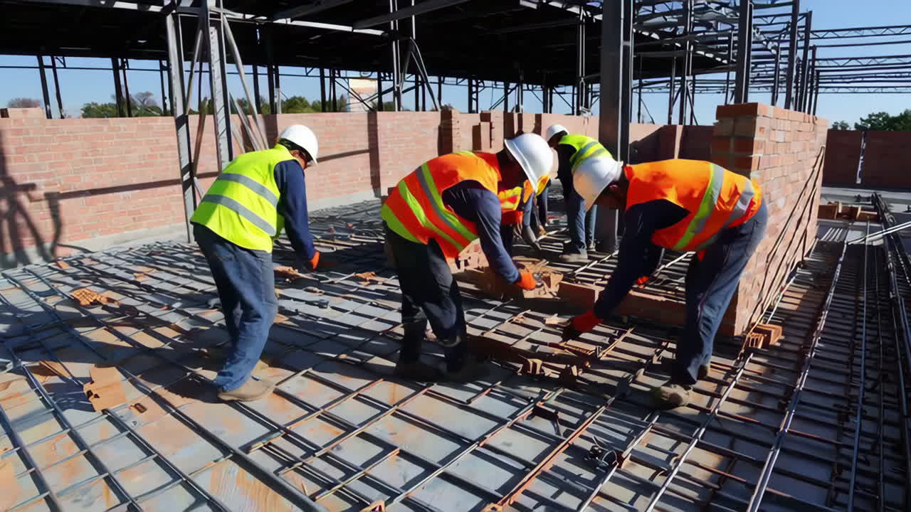 Construction Workers Laying Bricks on a Building Site