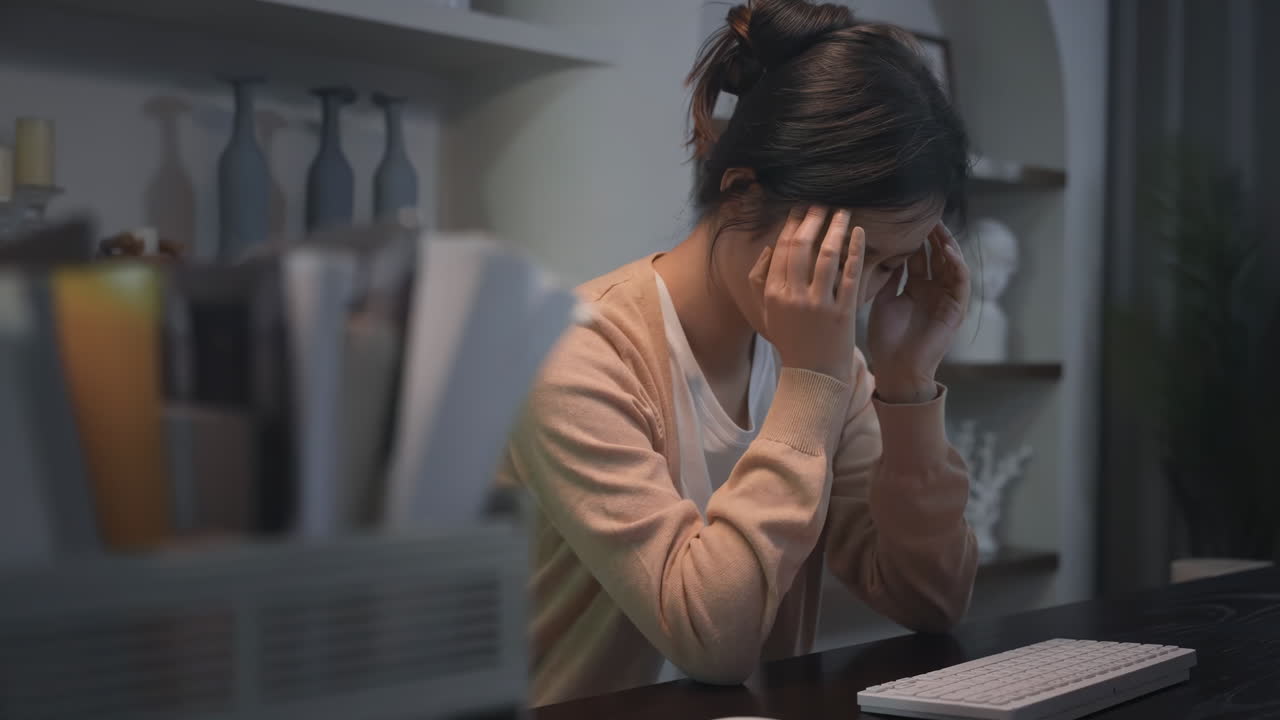 Affaticata donna d'affari confusa che lavora fino a tardi a casa, si tiene la testa tra le mani per la disperazione a causa di troppo lavoro, multitasking e scadenze difficili che causano un crollo mentale.