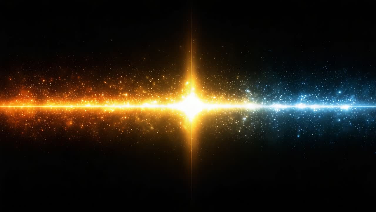 Uno straordinario contrasto visivo di bellezza cosmica: lo spettro energetico di colori celesti che fende il vuoto, fondendo caldo e freddo in uno spettacolo etereo di luce e stelle.