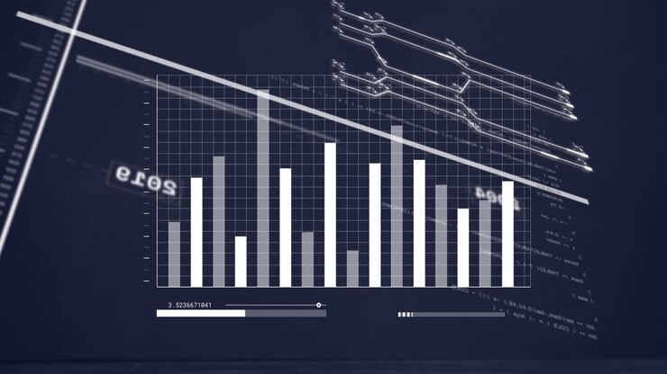 Animazione di linee con numeri che cambiano su un grafico e una barra di caricamento su sfondo di circuito stampato