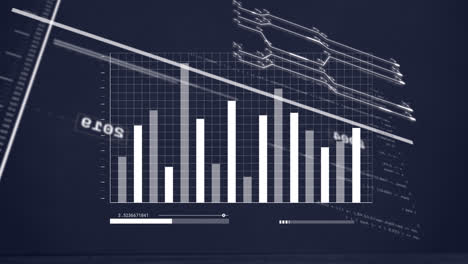 Animation-of-lines-with-changing-numbers-over-graph-and-loading-bar-against-circuit-board-pattern