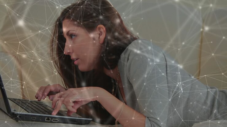 Animation of network of connections over female student using laptop from home