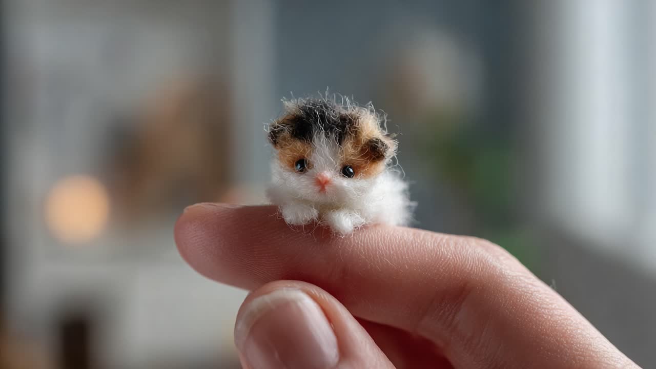Adorable Tiny Kitten Figurine Resting on a Finger, Capturing the Cuteness and Fine Details of This Delightful Craftsmanship in an Indoor Setting