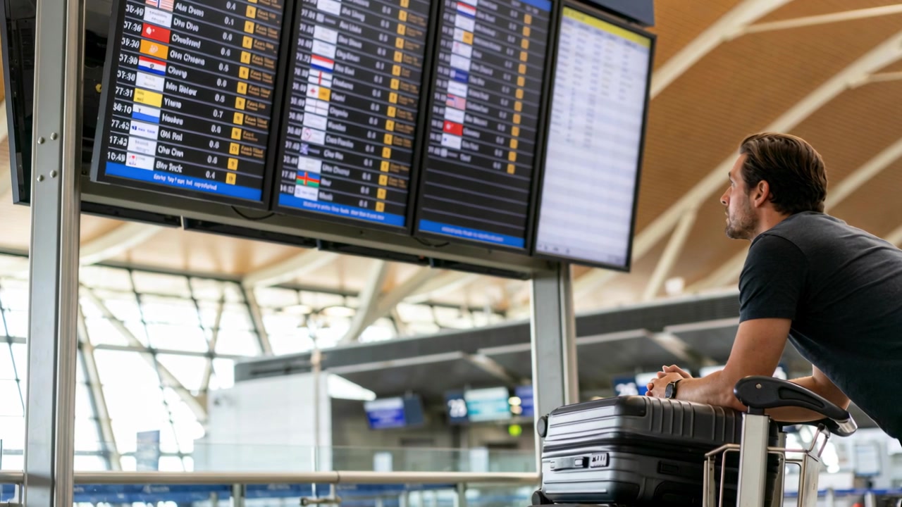 Viaggiatore in camicia scura con trolley nell'atrio, che controlla il tabellone per le informazioni sul gate, con spazio per il testo.