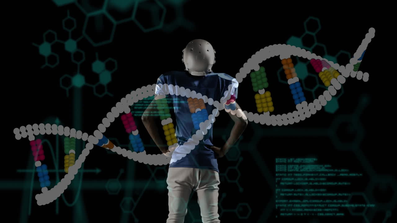 Football player standing with DNA strand and data processing animation in background