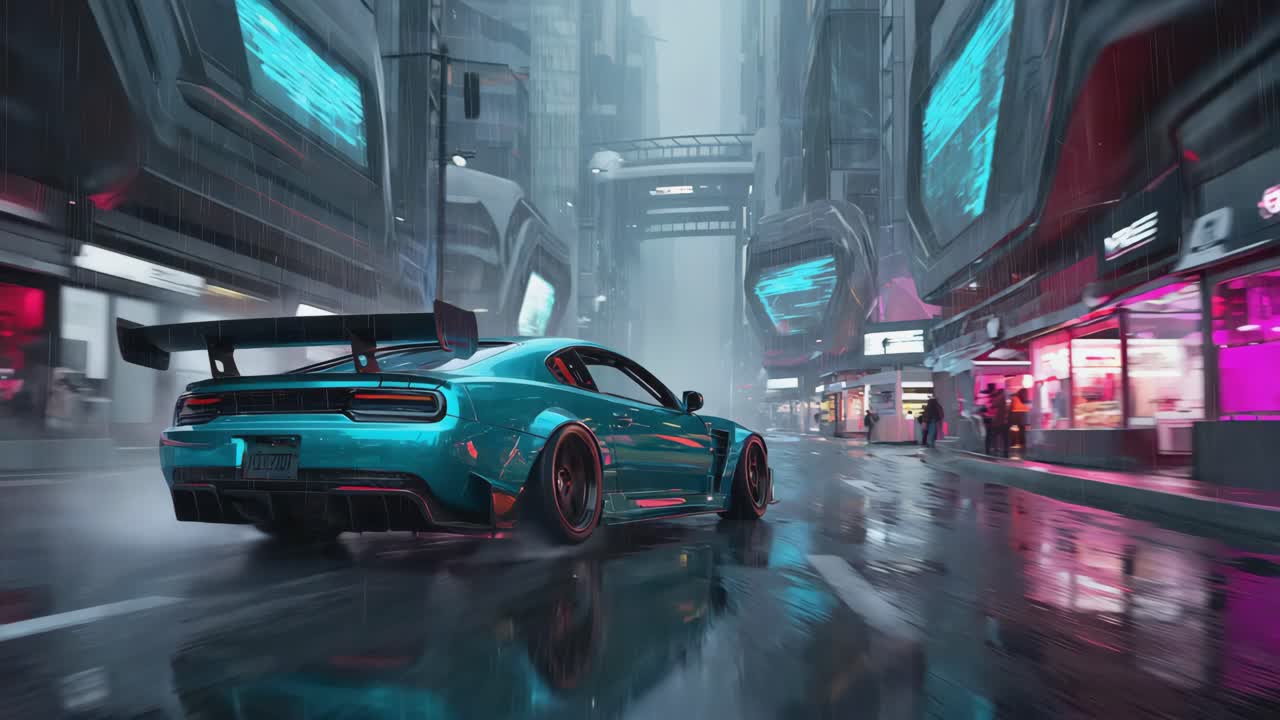 Teal Sports Car Driving Through a Wet Futuristic Cyberpunk City at Night