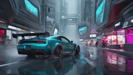 teal sports car driving through a wet futuristic cyberpunk city at night