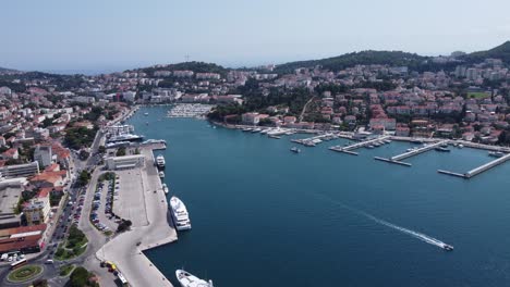 boats pier and marina jetty quays at port gruz in dubrovnik, aerial